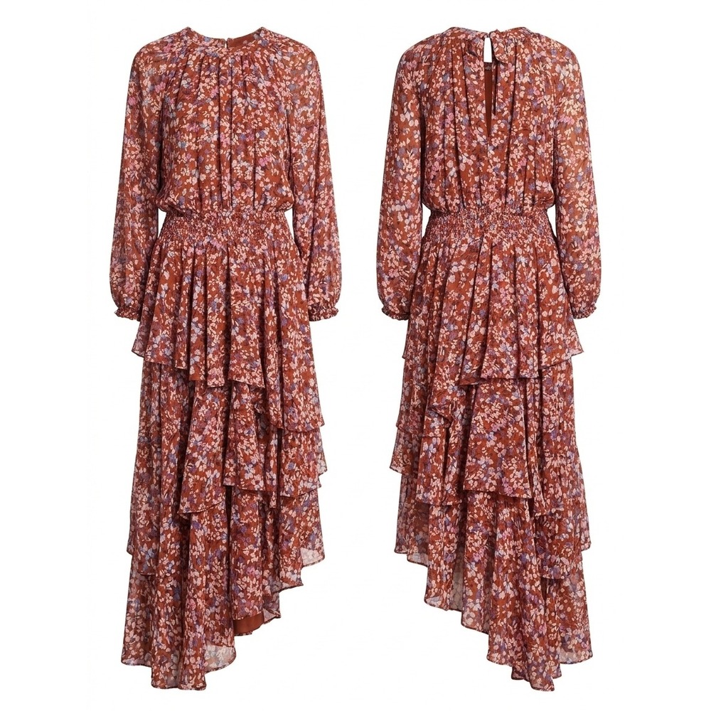 Arula Women Ruffle Maxi Dress B Rust Floral Long Sleeve Tiered Smocked Boho